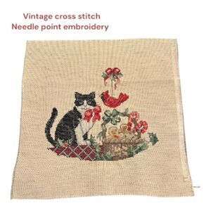 Vintage crossstitch Cat at Christmas needle point Embroidered cross-stitch